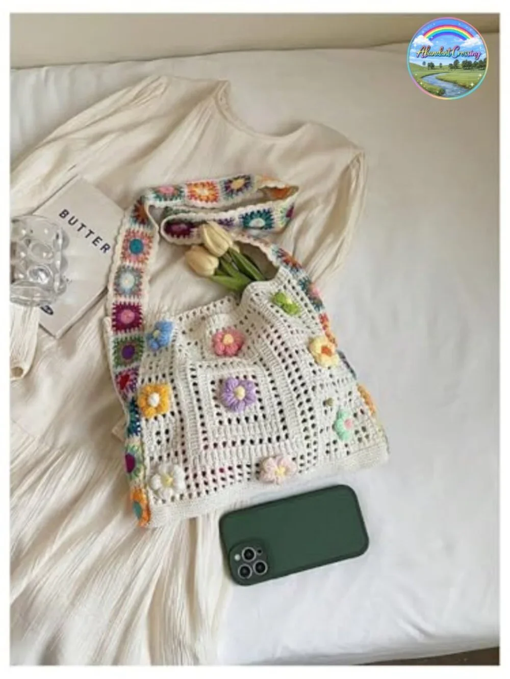 Boho Embroidery Crochet Knit Crossbody Bag Hollow Out Tote Handbag